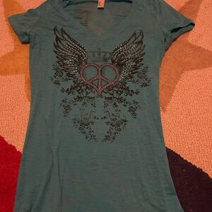 Teal Graphic T-Shirt with Winged Heart Design